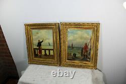 PAIR antique oil canvas maritime fisherman theme painting signed