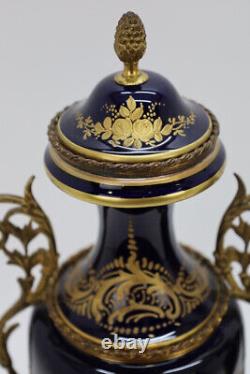 PAIR antique sevres marked blue royal porcelain Vases signed garnier bronze