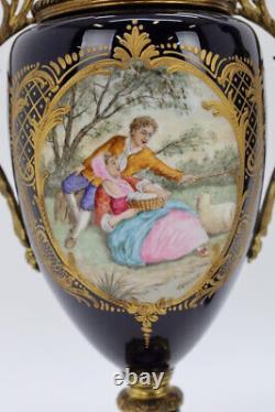 PAIR antique sevres marked blue royal porcelain Vases signed garnier bronze