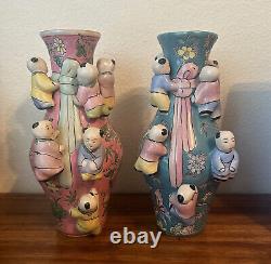 PAIR of 2 Vintage Signed Chinese Porcelain Fertility Vases, Pink & Blue 10