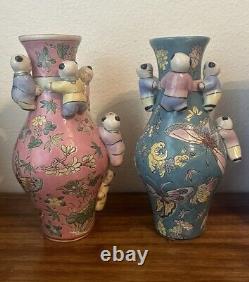 PAIR of 2 Vintage Signed Chinese Porcelain Fertility Vases, Pink & Blue 10