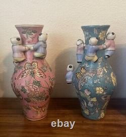 PAIR of 2 Vintage Signed Chinese Porcelain Fertility Vases, Pink & Blue 10