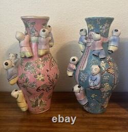 PAIR of 2 Vintage Signed Chinese Porcelain Fertility Vases, Pink & Blue 10