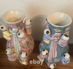 PAIR of 2 Vintage Signed Chinese Porcelain Fertility Vases, Pink & Blue 10