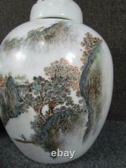 PAIR of ANTIQUE CHINESE COVERED PORCELAIN TEMPLE JARS, SIGNED, MOUNTAIN SCENES