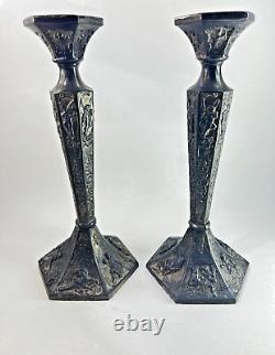 PAIR of Antique Old Decorative Ornate Pewter Candlestick Candle Holders Signed