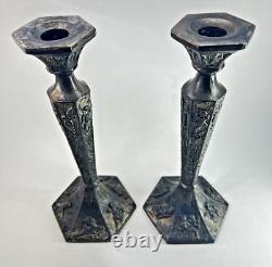 PAIR of Antique Old Decorative Ornate Pewter Candlestick Candle Holders Signed