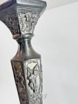 PAIR of Antique Old Decorative Ornate Pewter Candlestick Candle Holders Signed