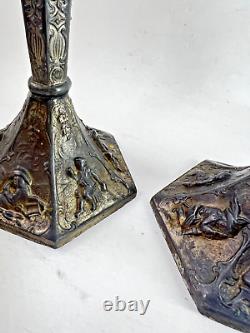 PAIR of Antique Old Decorative Ornate Pewter Candlestick Candle Holders Signed