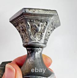 PAIR of Antique Old Decorative Ornate Pewter Candlestick Candle Holders Signed