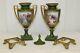 Pair Of Antique Romantic Sevres France Green Porcelain Gold Gilt Urn Vase Signed