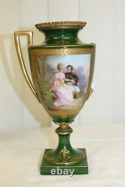 PAIR of Antique Romantic Sevres France Green Porcelain Gold Gilt Urn Vase Signed