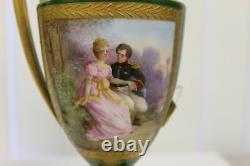 PAIR of Antique Romantic Sevres France Green Porcelain Gold Gilt Urn Vase Signed