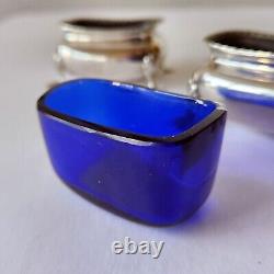 PAIR of Antique Sterling Silver & Cobalt OPEN SALT CELLAR with SPOON Signed