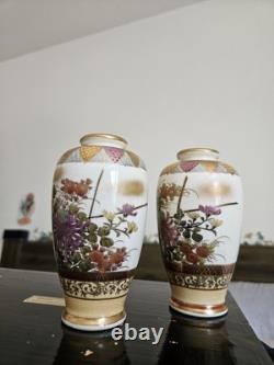PAIR of Marked Antique Japanese Satsuma Hand Painted Gilded Meiji Signed Vases