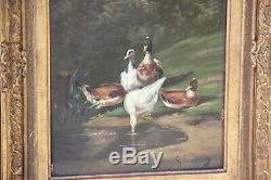 PAIR of pendant antique flemish painting chicken ducks animal oil panel signed