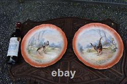 PAir antique LIMOGES signed porcelain Plates hand paint decor birds