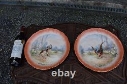 PAir antique LIMOGES signed porcelain Plates hand paint decor birds