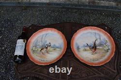 PAir antique LIMOGES signed porcelain Plates hand paint decor birds