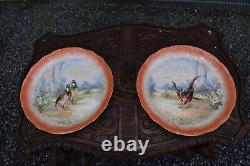 PAir antique LIMOGES signed porcelain Plates hand paint decor birds