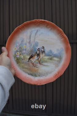 PAir antique LIMOGES signed porcelain Plates hand paint decor birds