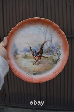 PAir antique LIMOGES signed porcelain Plates hand paint decor birds