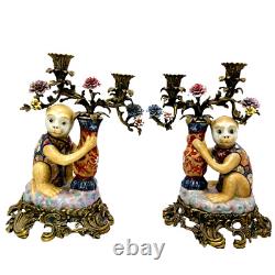 PORCELAIN BRONZE Antique Monkey Candelabra Pair Signed Republic of China