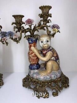 PORCELAIN BRONZE Antique Monkey Candelabra Pair Signed Republic of China