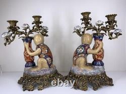 PORCELAIN BRONZE Antique Monkey Candelabra Pair Signed Republic of China