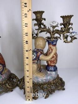 PORCELAIN BRONZE Antique Monkey Candelabra Pair Signed Republic of China