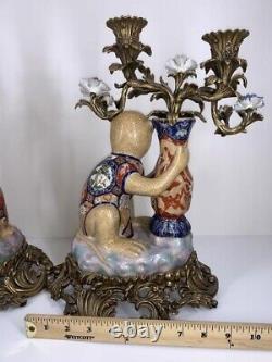 PORCELAIN BRONZE Antique Monkey Candelabra Pair Signed Republic of China