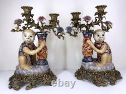 PORCELAIN BRONZE Antique Monkey Candelabra Pair Signed Republic of China