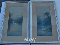 Pair 1892 Antique Watercolor Landscapes With Cows Crossing River Signed Burgess