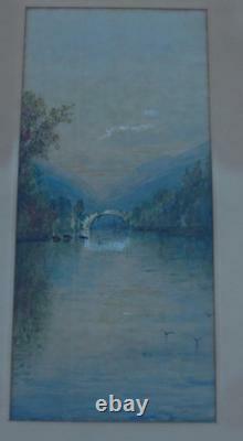 Pair 1892 Antique Watercolor Landscapes With Cows Crossing River Signed Burgess