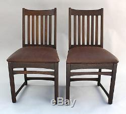 Pair 1910 Arts & Crafts Mission Signed Chairs Antique Oak Craftsman Seat (7951)