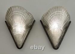 Pair 1930s French Art Deco Wall Sconces Signed Noverdy Lights Glass Muller Era