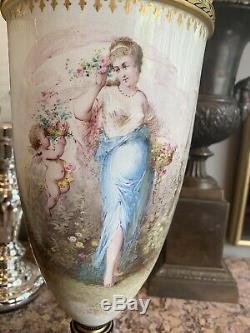 Pair 19th Century Sevres Cobalt Blue Hand Painted Porcelain Vases Signed 24.5