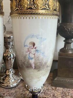 Pair 19th Century Sevres Cobalt Blue Hand Painted Porcelain Vases Signed 24.5
