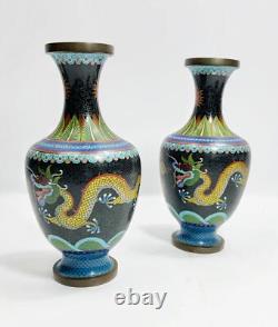 Pair 19th c Antique CHINESE QING Cloisonne Dragon vases signed