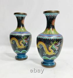 Pair 19th c Antique CHINESE QING Cloisonne Dragon vases signed
