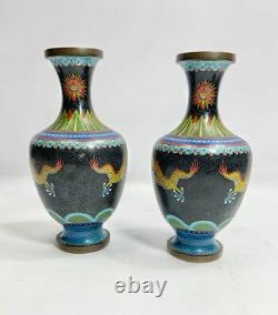 Pair 19th c Antique CHINESE QING Cloisonne Dragon vases signed
