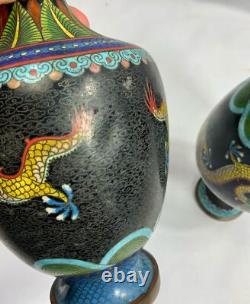 Pair 19th c Antique CHINESE QING Cloisonne Dragon vases signed