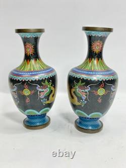 Pair 19th c Antique CHINESE QING Cloisonne Dragon vases signed