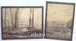 Pair 2 Antique 1900 American Folk Art Painting Rural New York Farm Cow Landscape