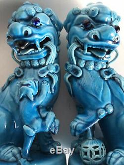 Pair (2) Antique Chinese Foo Dogs Shi Lions Turquoise Glaze FigureCHINESE MARK