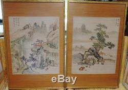 Pair 2 Antique Chinese Signed Scroll Landscape Silk Watercolor Painting Framed