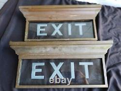 Pair 2 Antique Exit light Signs Etched Glass Bronze Bank Office Circa 1915