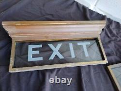 Pair 2 Antique Exit light Signs Etched Glass Bronze Bank Office Circa 1915