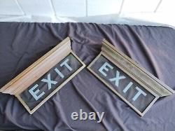 Pair 2 Antique Exit light Signs Etched Glass Bronze Bank Office Circa 1915