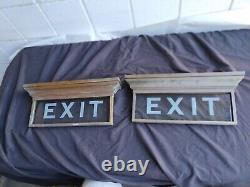 Pair 2 Antique Exit light Signs Etched Glass Bronze Bank Office Circa 1915